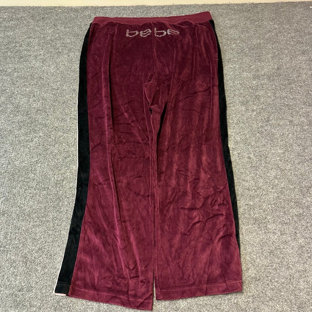 Bebe Sport Pants Womens Size 2X Burgundy Velour Side Stripe Wide Leg Rhinestone